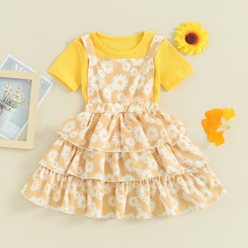 Image of Toddler Baby Girl Summer Clothes Kids Short Sleeve Solid T-Shirt Ruffle Daisy Skirts Overalls Dress Outfit 18M-6T