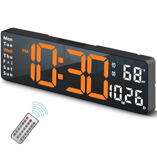 Image of Niyam Plastic Digital USB Wall Clock With 13 Inch Large Display Multifunctional Alarm Clock With Remote Control For Living Room Home & Office (Orange Digit - 32 X 10.5 X 2.7 Cm - Black)