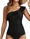 Yonique Womens One Shoulder Black Tankini Tops Ruffle Swim Tops Strapless Bathing Suit Tops No Bottoms M