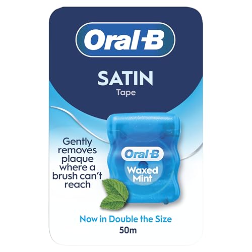 Oral-B Satin Tape Floss Removes Plaque Waxed Dental Floss for Tight Spaces for a Fresh Clean Feeling Mint Flavour 50m Roll