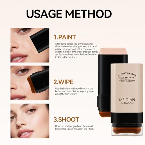 Foundation Stick 2 in 1 Dual-Ended Concealer Stick Soft & Lightweight, Face Contouring foundation with Brush Skin-Friendly, Evens Tone for a Smooth, Delicate Makeup Look 01Natural Color - Thumbnail 3