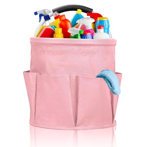 Pink Foldable Cleaning Caddy with Handle and Multi-Pockets
