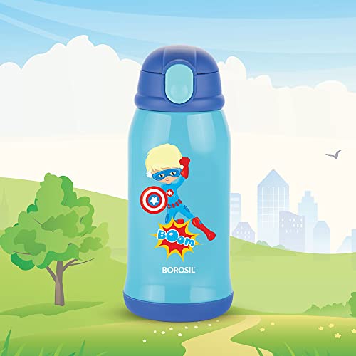 Image of Borosil Superhero 500 ml Stainless Steel Kids Sipper Water Bottle | Double Wall Vacuum Insulated Flask | 12 Hours Hot & Cold | Leakproof, BPA Free | 1 Year Warranty, Blue