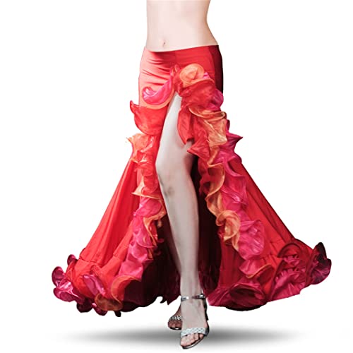 Side Split Ruffle Skirt Belly Dance Skirt Women Costume Skirt Performance Lotus Leaf Skirt Light Blue One Size #TOP4