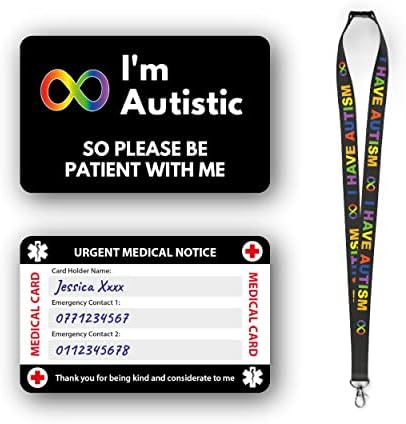 Autism Awareness Medical Card, Autism Card with Writable Panel and Patterned Lanyard, Autism Emergency Contact Card. (Autism Card & Autism Lanyard)