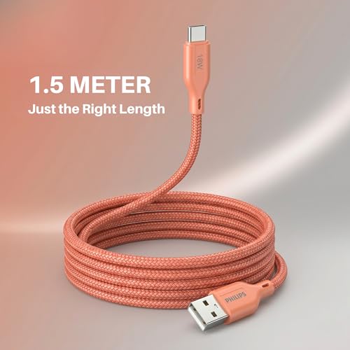 Image of PHILIPS DLC4150AR /94 18W Type-A to Type-C Fast Charging Cable (1.5m, Coral Reef) | Nylon Braided | Compatible with iPhone 15+ Series, USB-C iPad Models, Samsung Galaxy & All Type C Devices