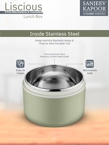 Image of Sanjeev Kapoor By Classic Essentials Luscious Microwave Friendly Leakproof Insulated Tiffin Set with Bag & Cutlery | 2x600ml + 2x400ml Containers (2000ml) | Thermoware Lunch Box | Green