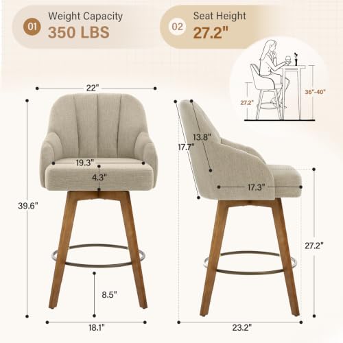 Butaco de altura de barra giratorio individual de 27 pulgadas, color arena | Butacos escultóricos envolventes para isla de cocina, estilo medio siglo, madera de caucho maciza, asiento amplio de lino, capacidad de 350 libras miniatura 2