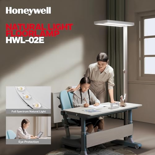 Image of Honeywell LED Floor Lamp Modern - 02E Sunturalux Eye Caring Standing Light, 6000LM 60W 4000K Natural Daylight Dimmable Reading Tall Lampara for Home Office Living Room Bedroom