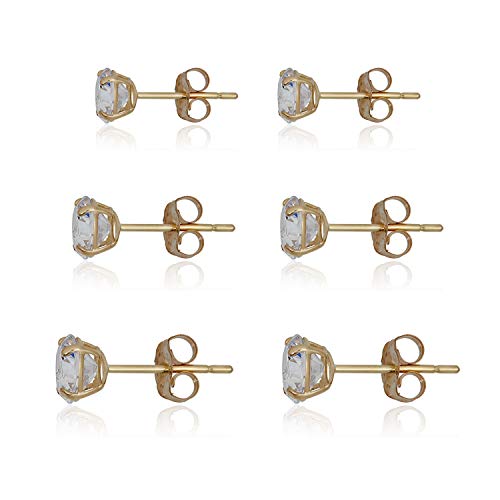 Avora 3-Pair 10K Yellow Gold Round Simulated Diamond Cz Stud Earrings Set, (4Mm,5Mm & 6Mm) #TOP1