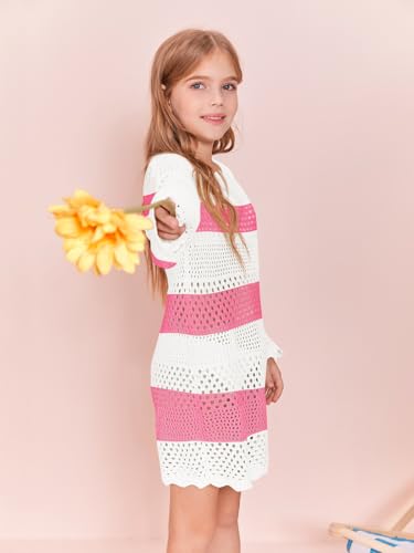 Image of Batermoon Girls Crochet Long Sleeve Swimsuit Cover Up Kids Fashion Hollow Out Swimwear Beach Dress 5-14 Years