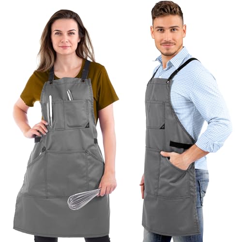 Under NY Sky Essential Armor Gray Apron Cross-Back with Durable Twill and Leather Reinforcement Adjustable for Men and Women Pro Chef, Tattoo Artist, Baker, Barista, Bartender, Server Aprons