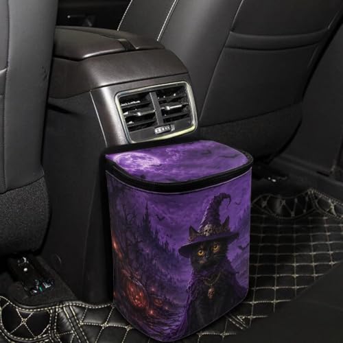 Image of Talayituse Purple Witch Black Cat Print Car Trash Can Portable Auto Garbage Bin Multifunctional Vehicle Interior Accessories with Adjustable Straps Universal Fit Truck SUV Sedan Halloween Decor