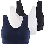 COLOMI Biustonosz do karmienia dla kobiet w ciąży, bezprzewodowy biustonosz do karmienia z bawełny do spania, Black + navy Blue+White/3 szt, L