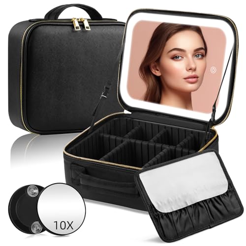 Trousse de Maquillage de Voyage avec Miroir LED, Trousse de Maquillage de Voyage avec Miroir éclairé, 3 réglages de Couleurs, Miroir grossissant 10x, séparateurs...
