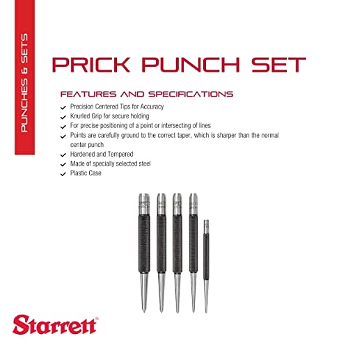 Starrett Steel Prick Center Punch With Round Shank And Knurled Finger Grip - 100Mm Length, 1.5Mm, 2Mm, 2.5Mm, 3Mm, 4Mm Diameter Tapered Point, 5 Pieces - S816Pc #TOP1