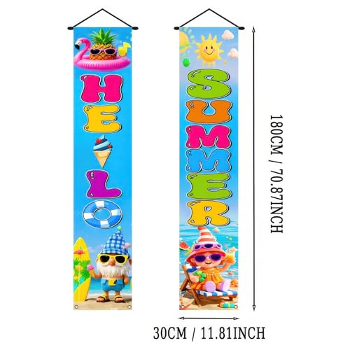 Image of BlissYard 2pcs Welcome Summer Door Banner Hawaiian Gnome Porch Banners Sign Summer Sunshine Beach Front Door Hanging Decor Banner for Seasonal Home Hawaii Tropical Party Outdoor Decorations