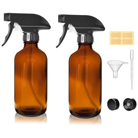LANBEAUTIFY 8 oz Amber Glass Spray Bottles - 2 Pack Empty Refillable Bottle for Cleaning Solutions,Hair Care,Essential Oils, Plants - Durable Nozzle,with Labels &Funnel, Dropper Cover