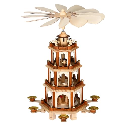 Spielwerk Pyramide de Noël en Bois véritable Brun Peint à la Main 12 hélices 6 bougeoirs décoratifs Figurines 4 étages noël Personnage de Noël fête