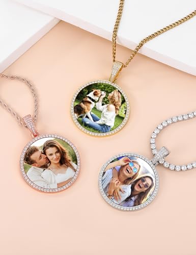 TUHE Custom Necklace For Men Women, Picture Necklace Personalized Photo Pendant With Engraving Text, 18K Gold Plated Custom Memorial Pendant Cubic Zirconia Rip Chain, Big Round Size-1.8 * 2.5in3