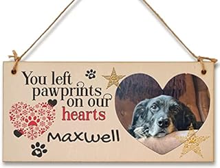 Personalised Wooden Plaque with Photo and Text Pawprints on our Hearts Pet Remembrance Gift Hanging Home Decor