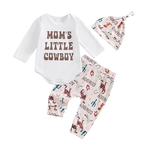 Image of Dcohmch Western Baby Boy Clothes Mamas Little Cowboy Long Sleeve Romper Shirt + Pants + Hat Newborn Infant Fall Outfits