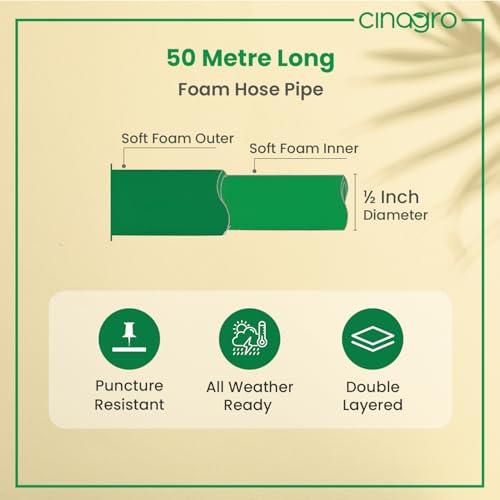 Image of Cinagro 50 Meter 0.5 Inch Garden Foam Hose Pipe, Made of PVC Powder Compound, Non-Toxic, Durable & Flexible, Comes with Tap Connector & 3 Clamp for Watering Garden, Cleaning, 164 Ft, Neon Yellow