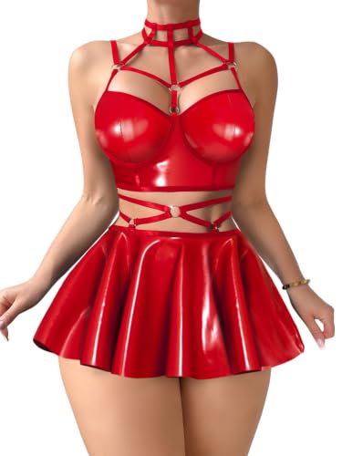 Foxiny Sexy Lingerie Set 3 PCS Women Strappy Dress with Thong R Glossy 2XL