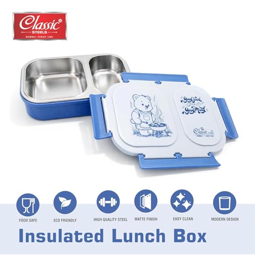 Image of Classic Steels Bento Duo Lunch Box for Kids 600ml, 2 Compartment Stainless Steel Tiffin Box, Leak Resistant, BPA Free, School Lunch Box - Blue