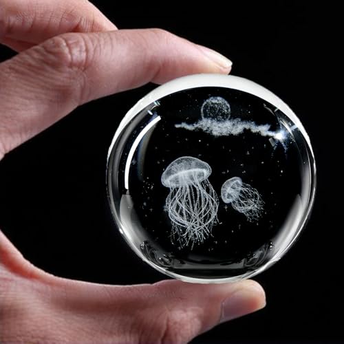 QIANCHANG Bola de cristal de água-viva gravada a laser 3D com suporte, estatueta de água-viva de cri
