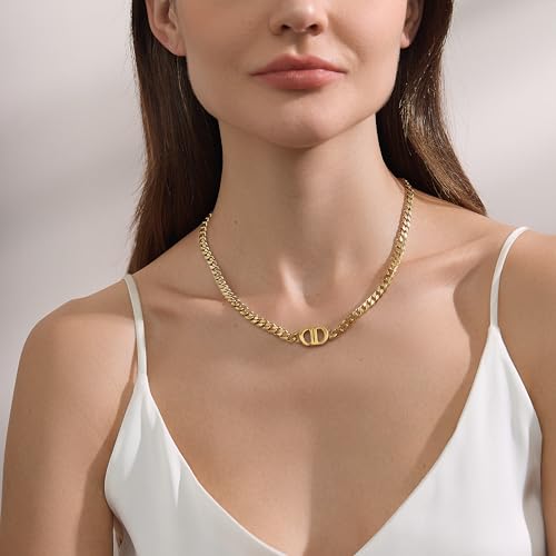 CG&KYGG Womens 18K Real Gold Plated Initial Necklace Choker with Double D Letter, 6mm 316L Stainless Steel Cuban Link Chain, Birthday Valentine's Day & Mother's Day Gift(Delicate Box & Pouch Packing)3