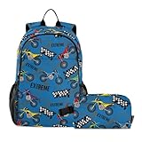 Emelivor Motorcycles Kids Backpack for Girls Boys School Bookbag with Insulated Lunch Box for Hight Middle School Book Bag