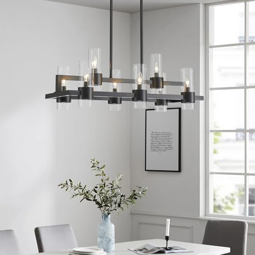 Image of WUZUPS Island Rectangle Chandelier 8-Light with Clear Glass Industrial Modern Farmhouse Linear Light Fixture for Dining Room Kithen Island, Width 33.5 inch Height 12.6 inch, Black