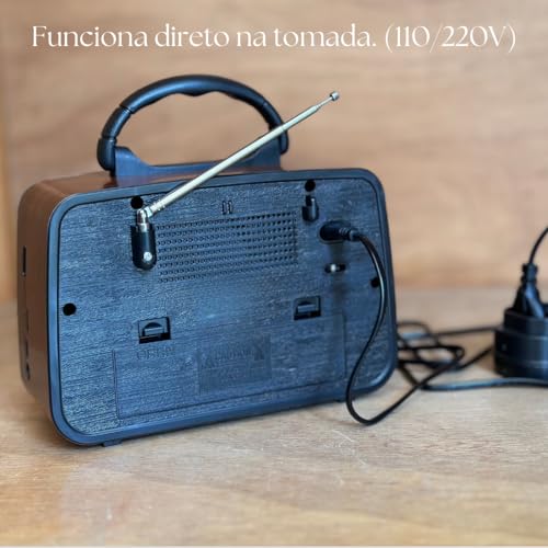 Rádio Am Fm Retro Vintage Recarregável Bivolt Pilha Tomada e Bateria Lanterna (Marrom)