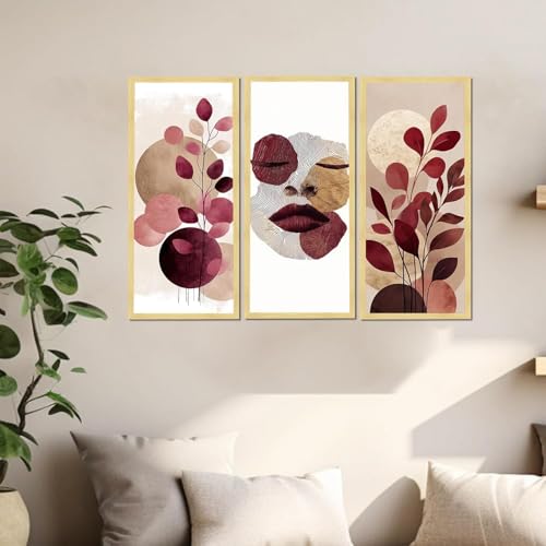 Image of PAINTINGMANTRA Abstract Botanical & Face Framed Wall Art Set of 3 | Modern Boho Wall Decor | Engineered Wood Frame Prints for Living Room, Bedroom & Office, 8.9x18.9 Inch