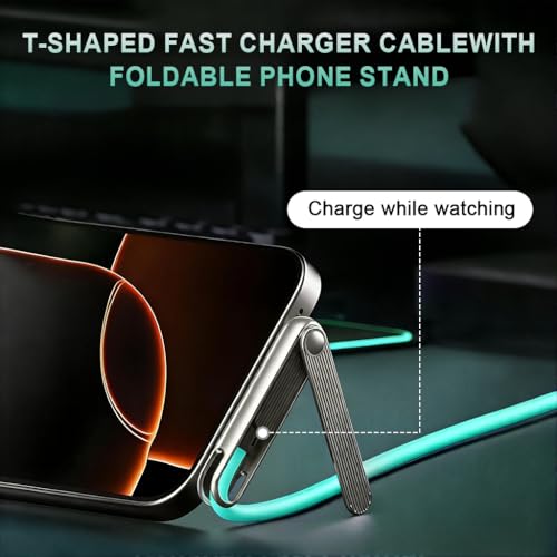 Image of Verilux PD 240W 2 in 1 Type C Cable Fast Charging with Stand, 3.9Ft Right Angle C Type Charger Cable with 480MBPS Data Transfer for iPhone 17 /17 Pro /17 Pro Max /16 /15, Galaxy S25 /S24, Blue-green