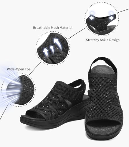 Image of Womens Wedge Sandals Platform Walking Sandals Open Toe Ankle Elastic Strap Casual Comfortable Summer Dressy