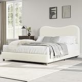 GarveeHome Full Bed Frame for Kids with Velvet Upholstered Headboard, Cute Low Profile Platform Bed for Girls and Boys, No Box Spring Needed, Strong Wooden Slats, Noise Free, Easy Assembly, Beige
