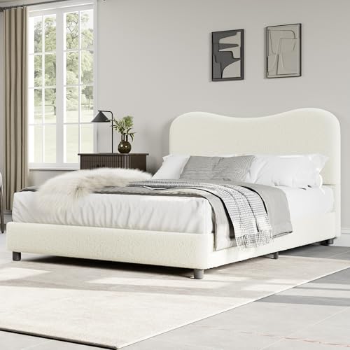 GarveeHome Full Bed Frame for Kids with Velvet Upholstered Headboard, Cute Low Profile Platform Bed for Girls and Boys, No Box Spring Needed, Strong Wooden Slats, Noise Free, Easy Assembly, Beige