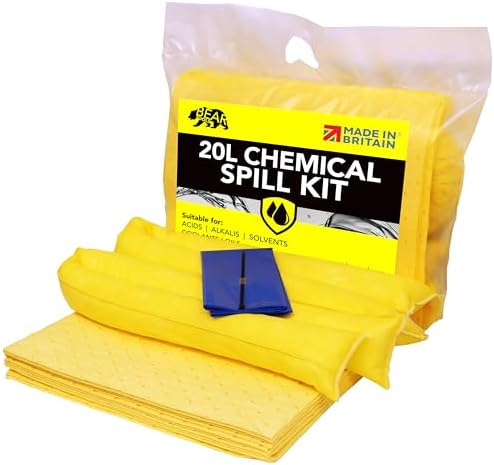 20L Spill Kits (Chemical) UK Manufactured, Yellow, Use for Spills Involving Aggressive Chemicals, Acids, Alkalis, For Indoor/Outdoor Use โ On-the-go bag