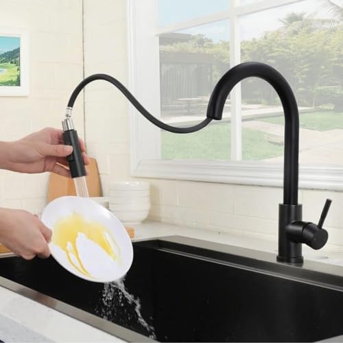 Hotis Black Kitchen Faucet with Pull Down Sprayer, High Arc Stainless Steel Bar Faucet Single Hole, Single Handle Bar Sink Faucet Black, Commercial Farmhouse RV Bar Sink Faucet, HT-KF100 by HOTIS HOME - Used condition - Image 7