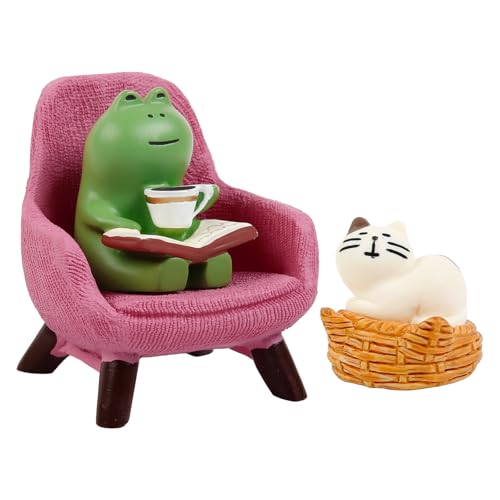 Korsralph Miniature Frog Figurines Desk Decor, Cute Frog & Cat on Cat Bed Desk Trinkets for Bookshelf, Home Office Decoration Mini Frogs Sculpture Cubicle Accessories Funny Gift for Frog Lovers