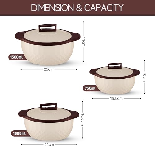 Image of Trueware Eternity Inner Steel Insulated 750, 1000 & 1500ML Thermoware Casserole Set of 3 | BPA Free | Odour Proof | Food Grade | Easy to Carry | Serving | Curd Maker | Hot Pot