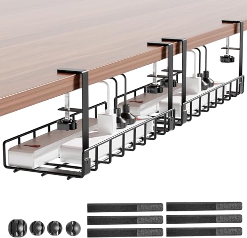 Xpatee Organizador de cables debajo del escritorio, paquete de 2 unidades, sistema de canal de cables, bandeja de metal resistente, sin taladrar, para casa, oficina, color negro