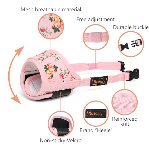 HEELE Hund Maulkorb, Maulkörb für Hunde, Weiche Nylon Drucken Maulkorb Air Mesh Atmungsaktiv Einstellbar Schleife Muster Haustiere Maulkörbe für Kleine Mittlere Große Hunde, Pinke Blume, S