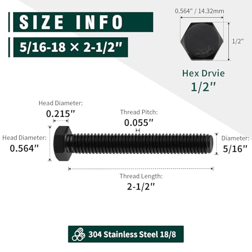 Image of 5 /16-18 x 2-1 /2 inch Hex Head Bolts Black, 304 Stainless Steel 18-8 Hexagon Head Screws Bolts, Black Oxide Finish, Allen Hex Drive, 10 PCS