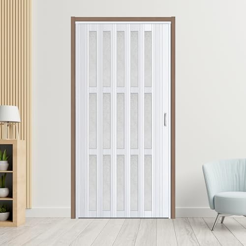 Image of CCBOYSHARDWARE 42X80in Accordion Door with Frosted Acrylic Panels, Privacy PVC Folding Door with Lock & Handle, Double Magnetic Bifold Door for Closet, Pantry& Room Divider,Easy to Clean,Trimmable