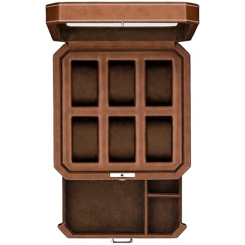 ROTHWELL 6 Slot Leather Watch Box with Valet Drawer - Luxury Watch Case Display Organizer, Men's Storage Boxes Holder Large Glass Top (Tan/Brown)