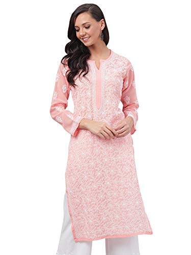 Ada Indian Hand Embroidered Women's Chikankari Faux Georgette Kurta Kurti Tunic L95561, Peach, Large