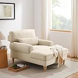 Condemo Modern Chaise Lounge Chair with Adjustable Backrest, Upholstered Indoor Leisure Sofa Recliner, Chair Sleeper with Solid Wood Legs for Bedroom, Living Room, Study Room, Office, Smoke White